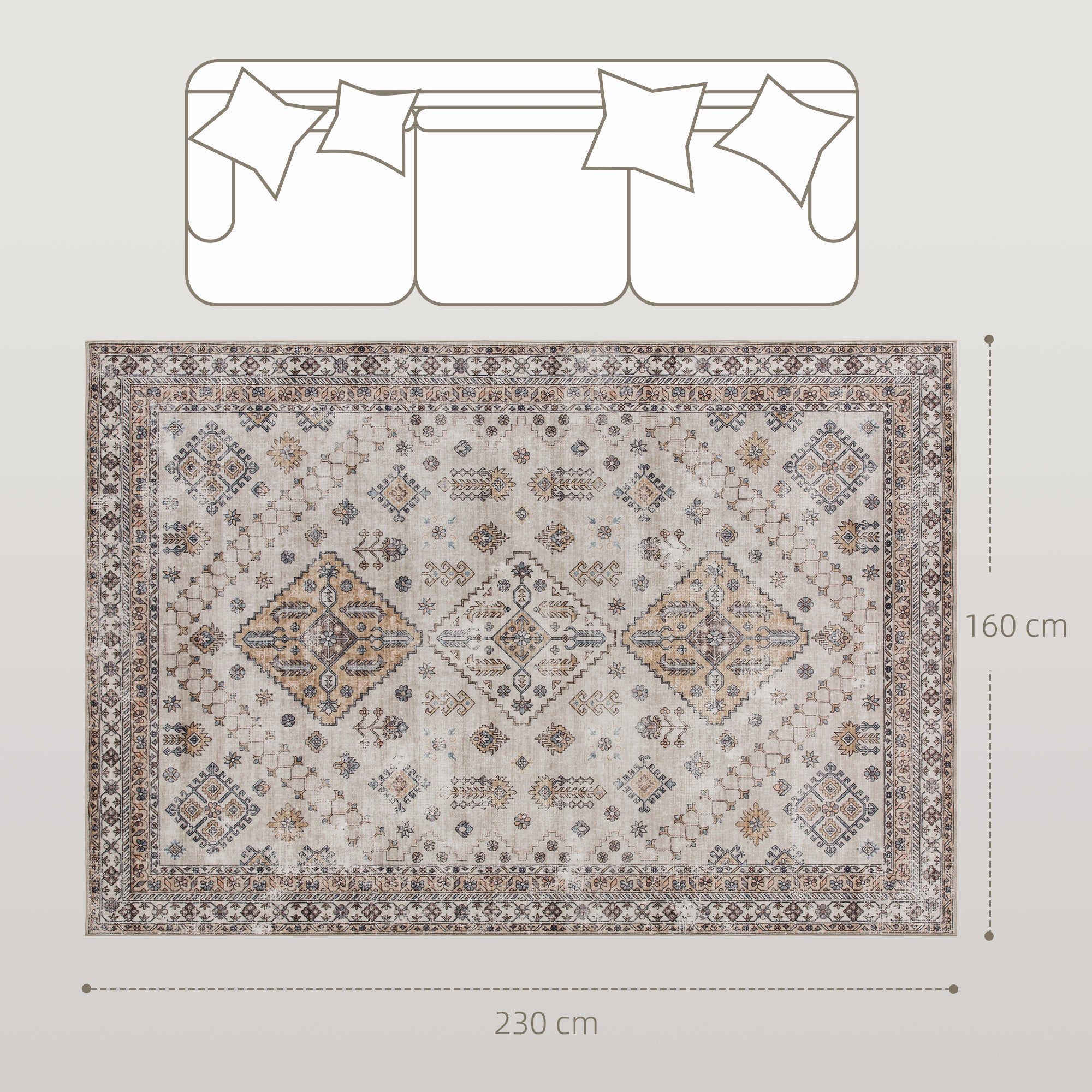 Fynco - Vintage Area Rug, Non-Slip Washable Rug, Flannel Floor Carpet for Living Room, Bedroom, Dining Room, Home Office, 230 x 160 cm, Beige