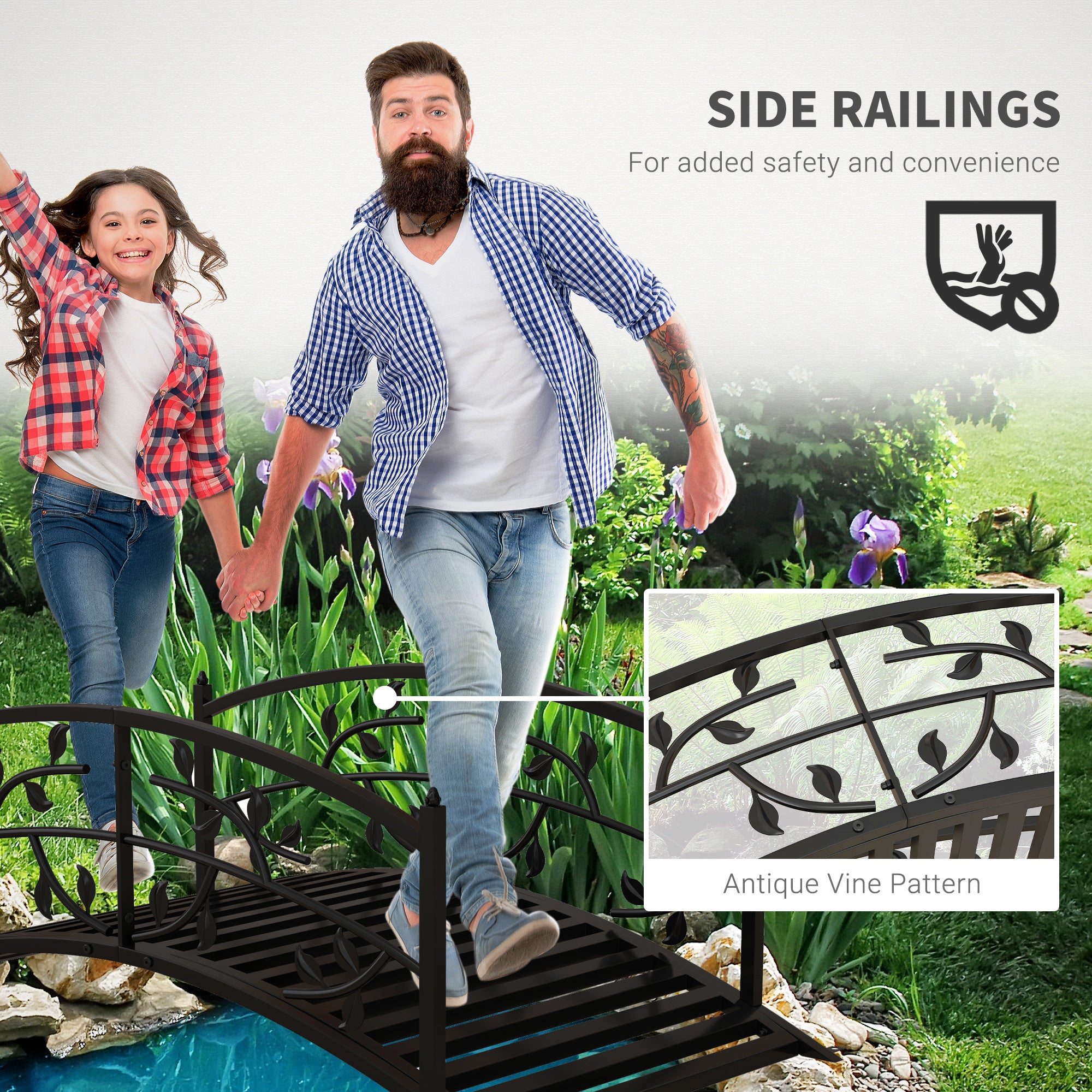 1.2M Metal Decorative Vine Pattern Arch Garden Bridge, Black