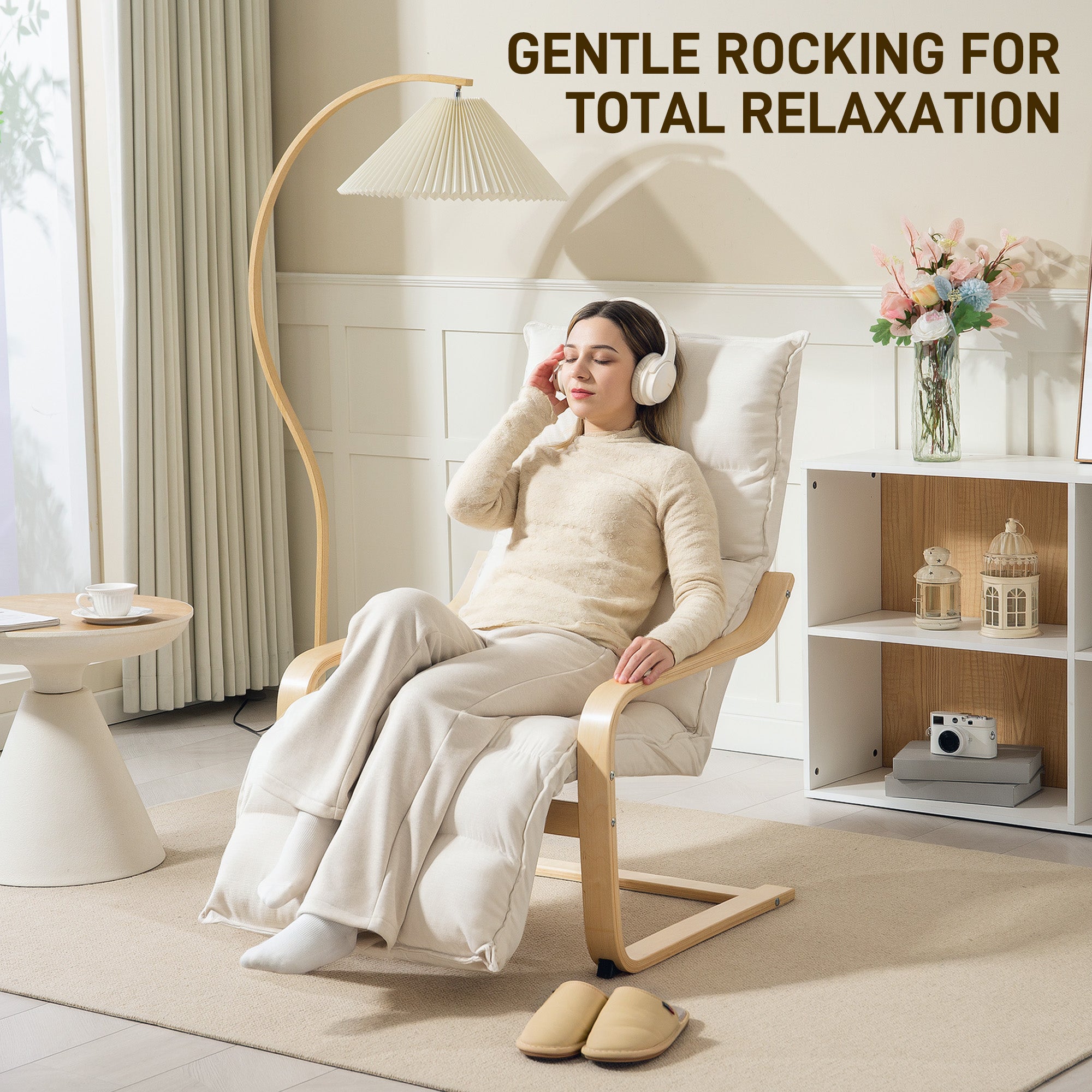 Curved Wooden Accent Chair, with Adjustable Footrest - Cream White