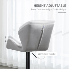 Bar Stools Set Of 2, Luxurious Velvet-Touch Barstools with Metal Frame Footrest Round Base Triangle Indenting Moulded Seat Adjustable Height Swivel Grey