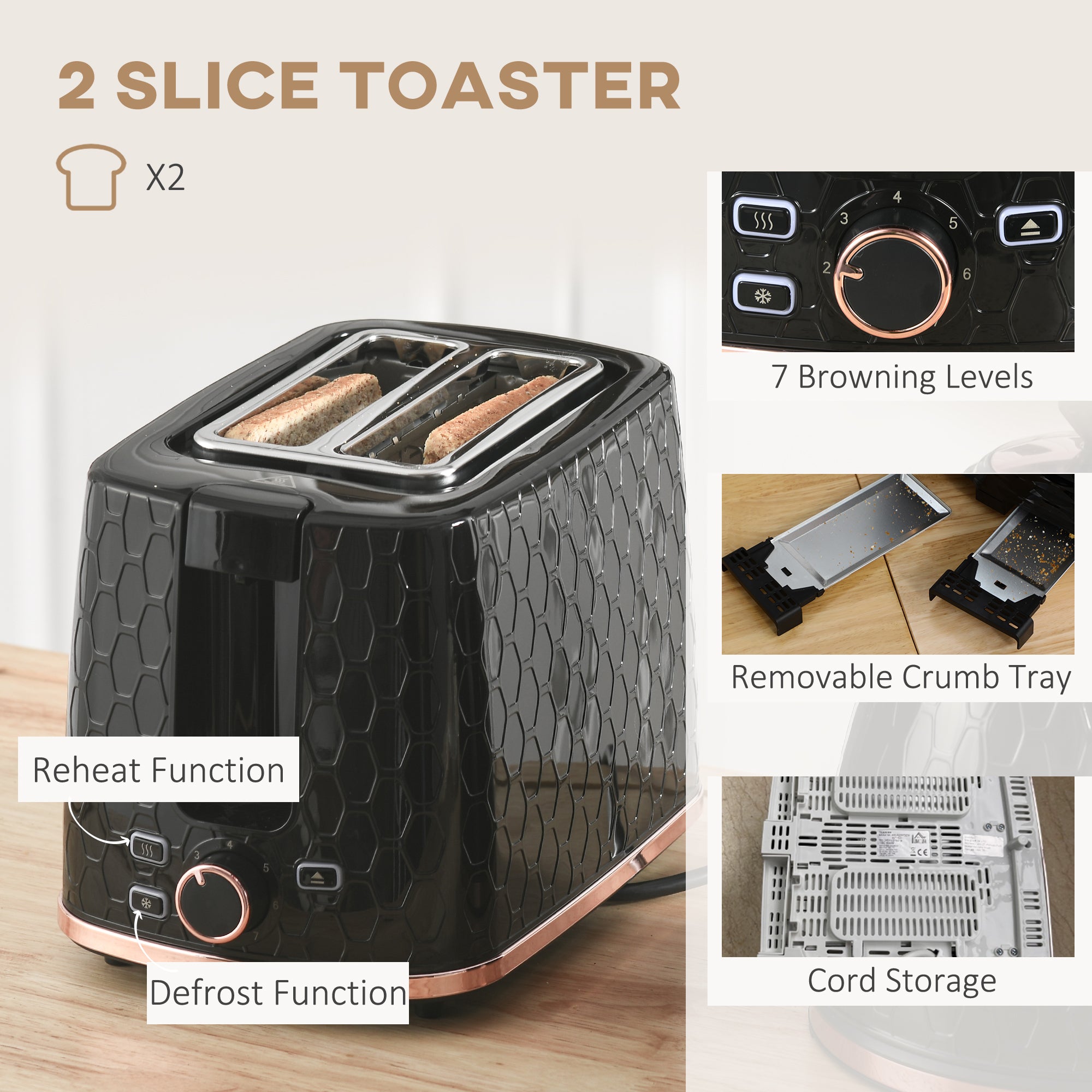 1.7L 3000W Fast Boil Kettle & 2 Slice Toaster Set, Kettle and Toaster Set with Auto Shut Off, Browning Controls, Black