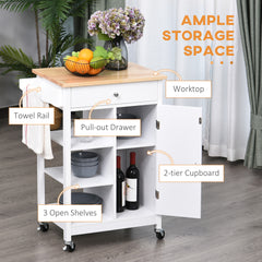 Kitchen Trolley, Kitchen Island on Wheels, w/ Wood Top, 3 Shelves and Storage Cupboard, White