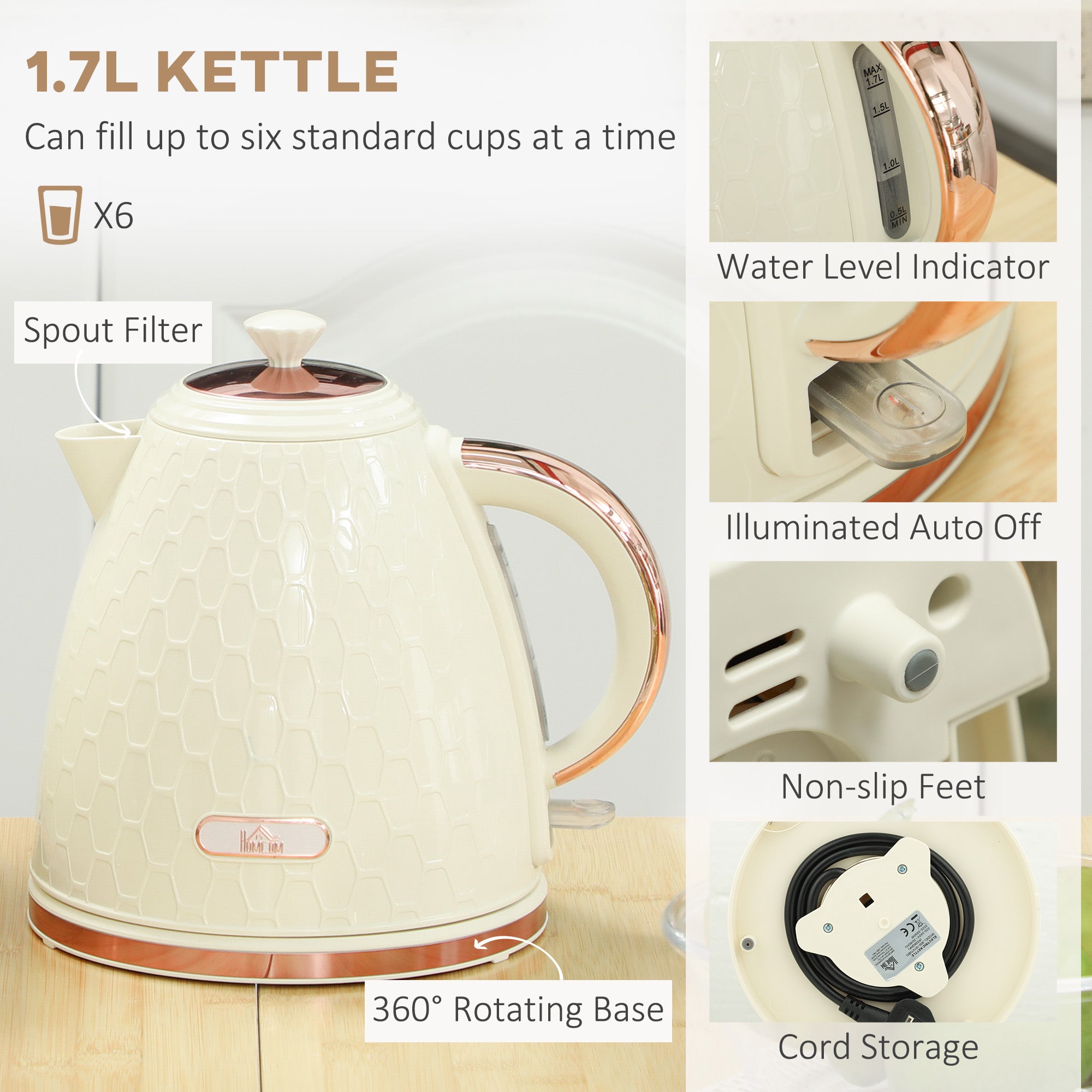 1.7L 3000W Fast Boil Kettle & 2 Slice Toaster Set, Kettle and Toaster Set with Auto Shut Off, Browning Controls, Beige