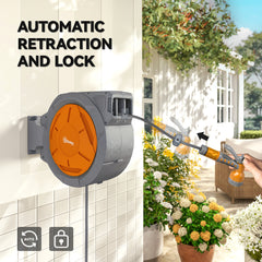 Fynco - Retractable Hose Reel Wall Mounted, 30+2m Garden Hose Pipe Reel with Lock, Auto Rewind, 7 in 1 Spray Nozzle, Includes Wall Fixings, 180° Swivel, Outdoor Watering, Orange
