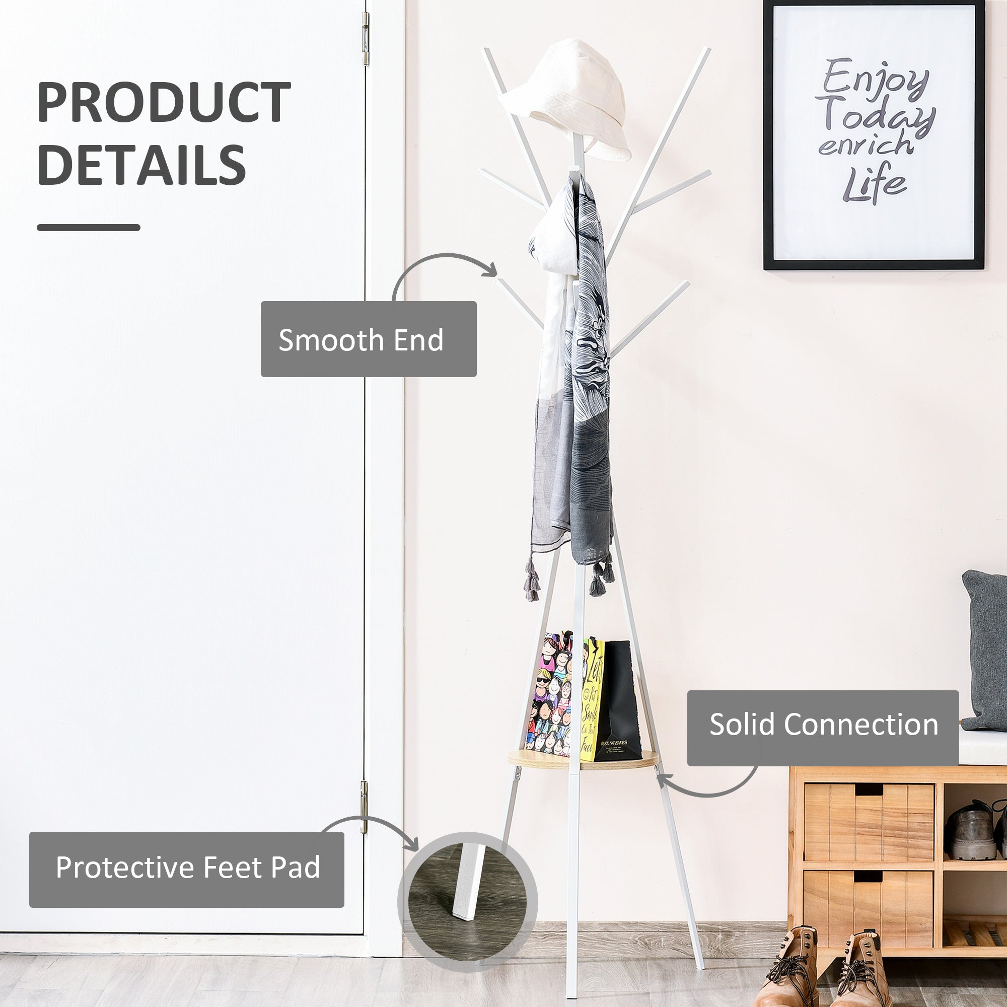 Freestanding Metal Coat Rack Stand 9 Hooks Clothes Tree with 1 Shelf Hat Display Hall Tree Hanger Bag Umbrella Hanging Organiser White