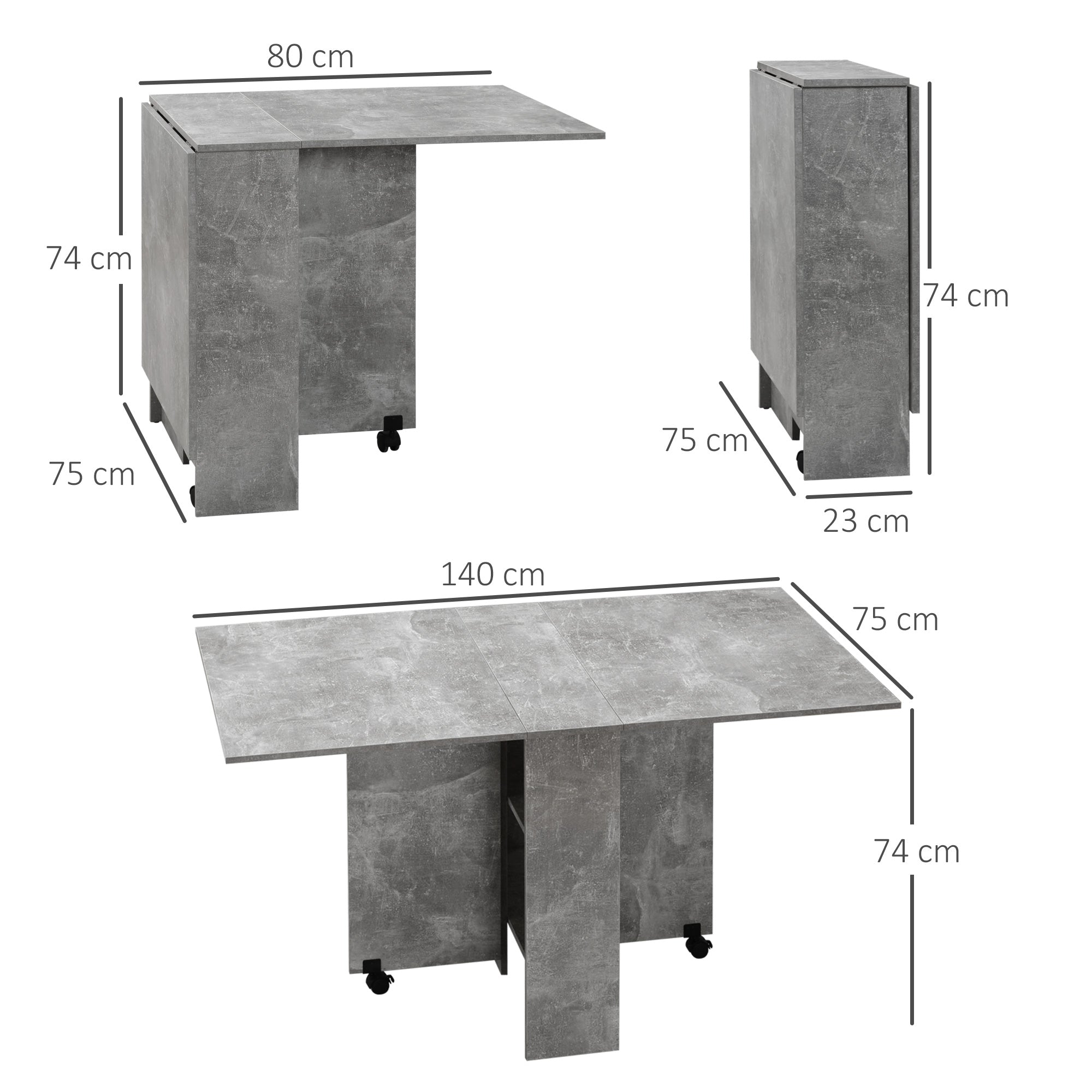 Folding Dining Table, Drop Leaf Table with 2-Tier Shelves, Rolling Casters, for Small Spaces, Kitchen, Cement Grey