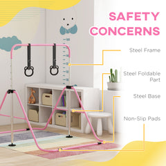 Adjustable Height, Foldable Kids Gymnastics Bar w/ Non-slip Rubber Floor Rings, for 3+ Years, Pink