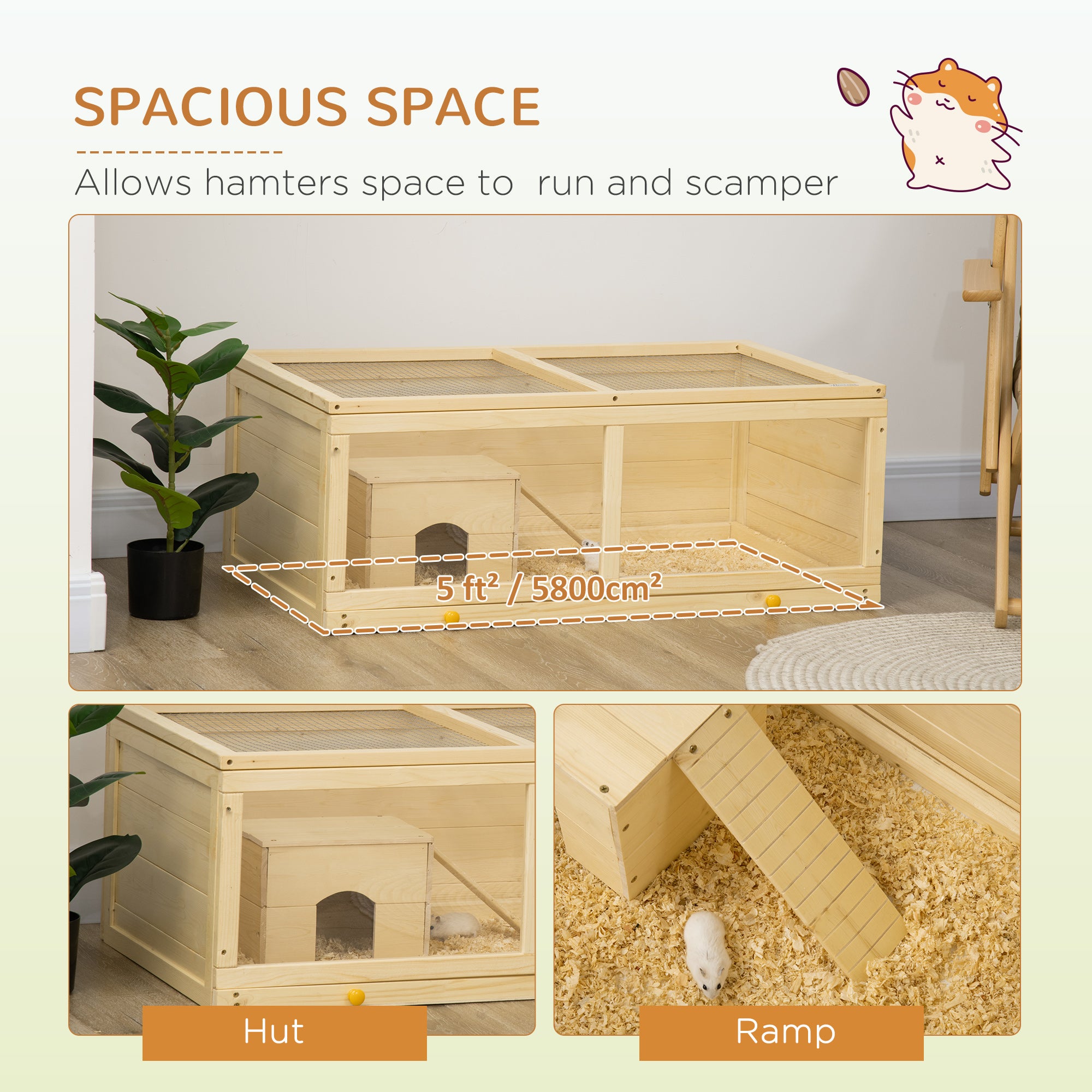 Wooden Hamster Cage with Sliding Tray, Openable Top, Hut for Syrian Hamster, Natural Wood Finish