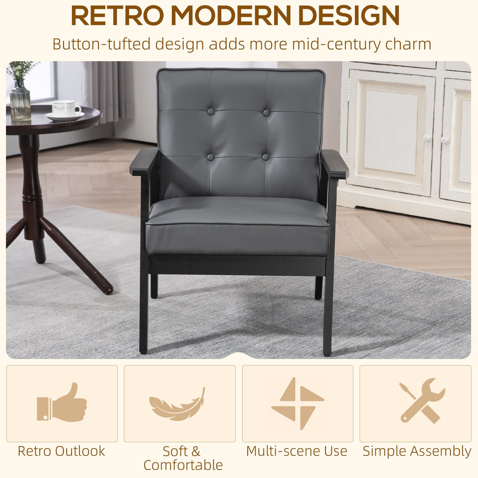 Set of 2 Accent Chair, PU Leather Armchair, Occasional Chair with Beech Wood Frame for Living Room Reception Bedroom Balcon, Grey