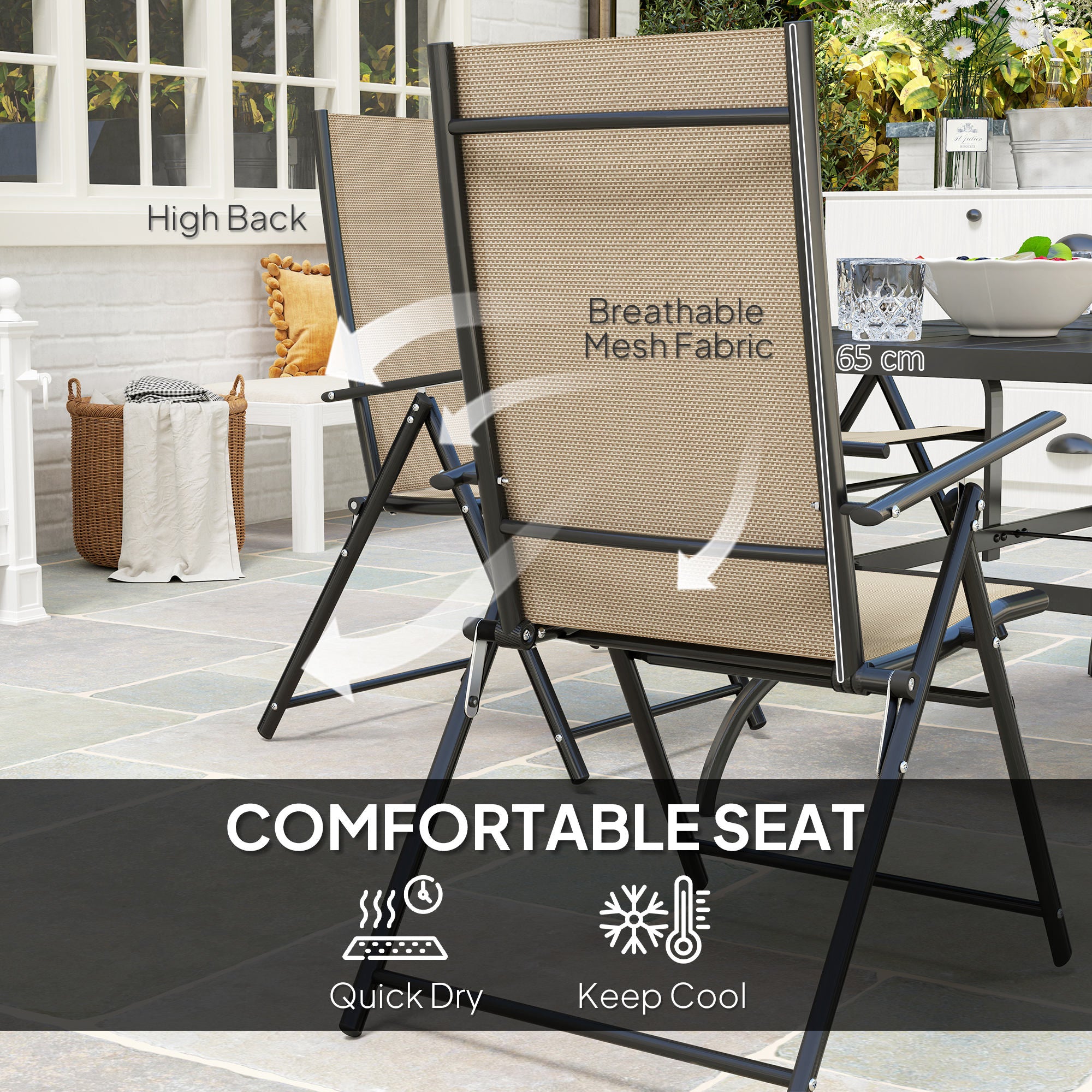 Seven-Piece Steel Outdoor Dining Set, with Parasol Hole - Khaki