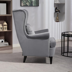 Modern Accent Chair, Upholstered Wingback Armchair with High Backrest and Pillow, Velvet-Feel Fabric Reading Chair with Solid Wood Legs for Living Room, Bedroom, Home Office, Dark Grey