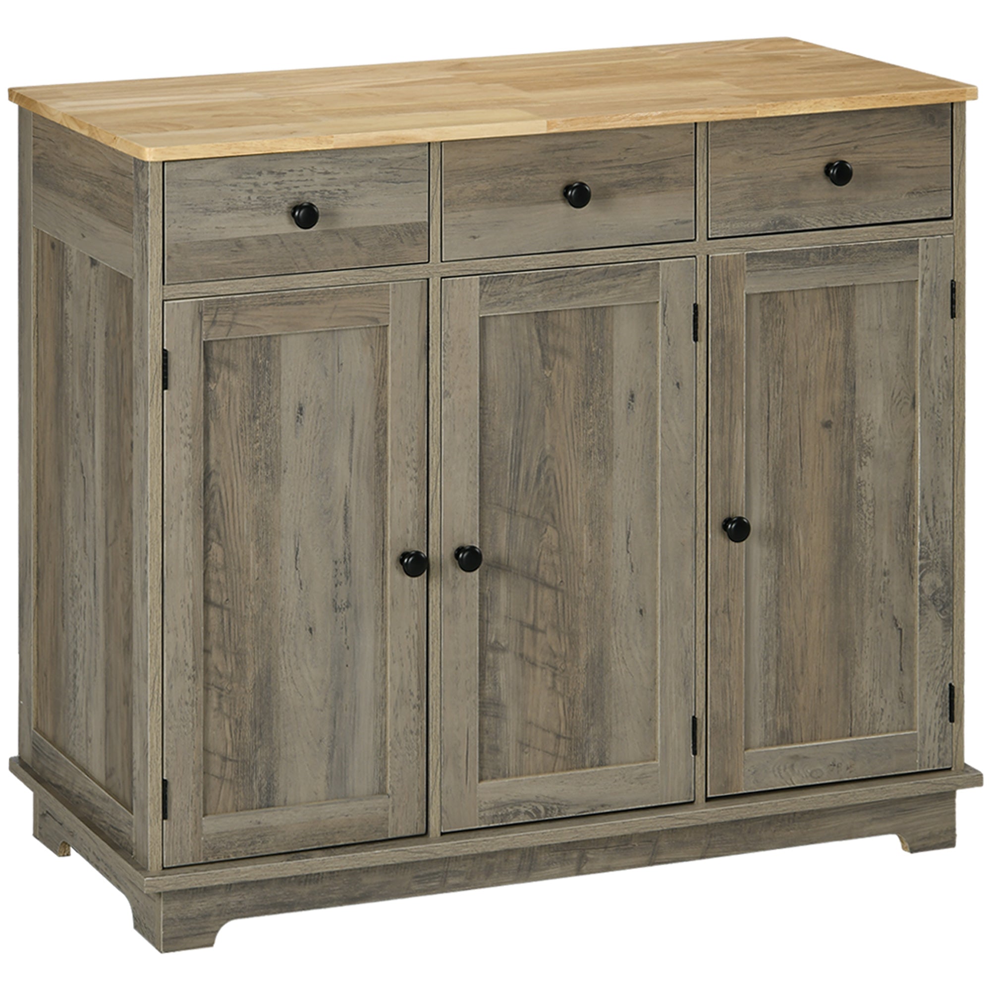 Sideboard with Rubber Wood Top, Modern Storage Cabinet, Kitchen Cupboard with 3 Doors, 3 Drawers and 3 Adjustable Shelves for Dining Room, Living Room, Grey Wood-Effect
