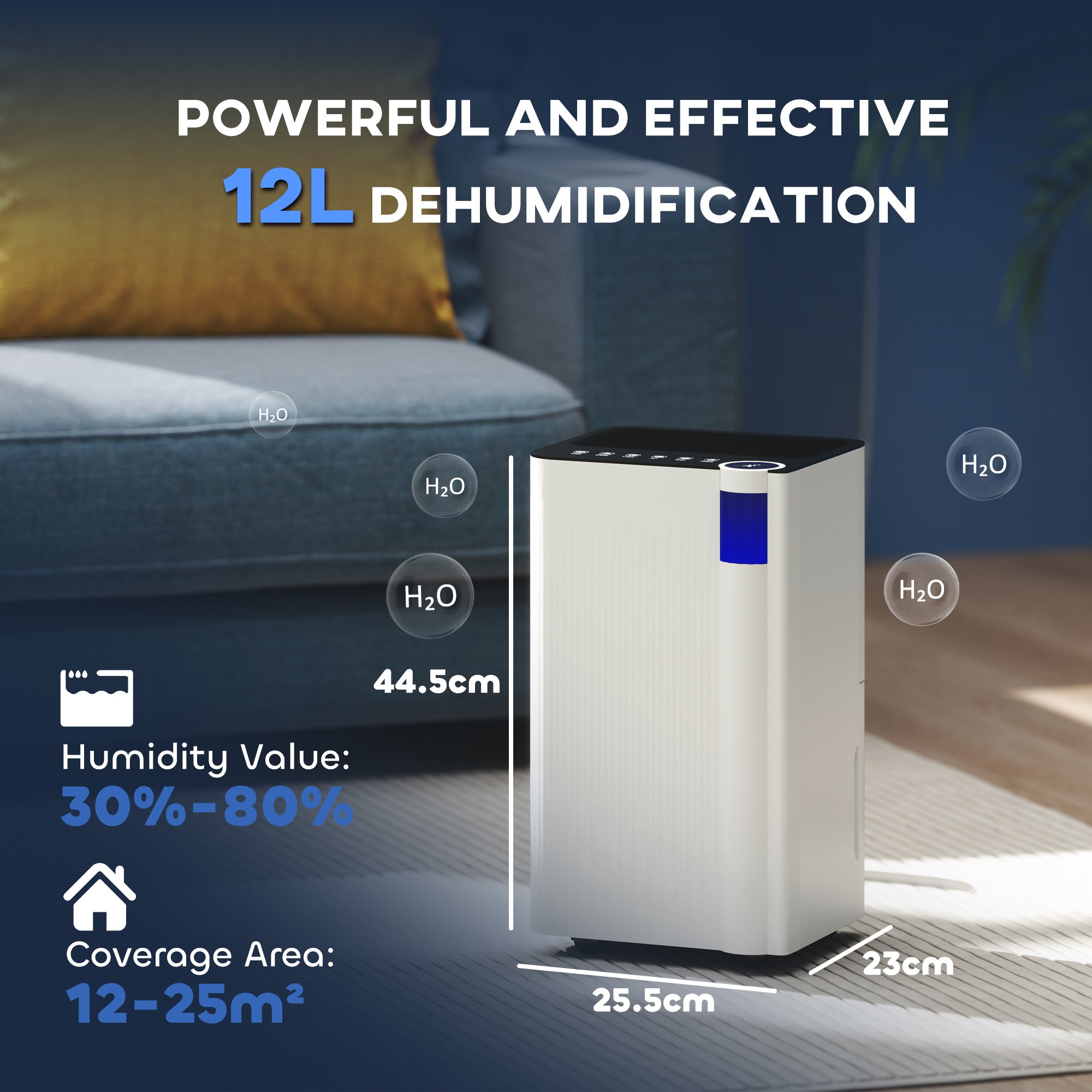 Fynco - 12L/Day Dehumidifier with Continuous Drainage, 2L Water Tank, 24H Timer, Digital Humidity Display, Filter, Auto Defrost, Children Lock, for Bedroom, Dehumidifier for Home Damp, Laundry Drying