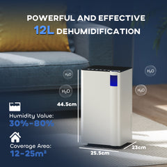 Fynco - 12L/Day Dehumidifier with Continuous Drainage, 2L Water Tank, 24H Timer, Digital Humidity Display, Filter, Auto Defrost, Children Lock, for Bedroom, Dehumidifier for Home Damp, Laundry Drying