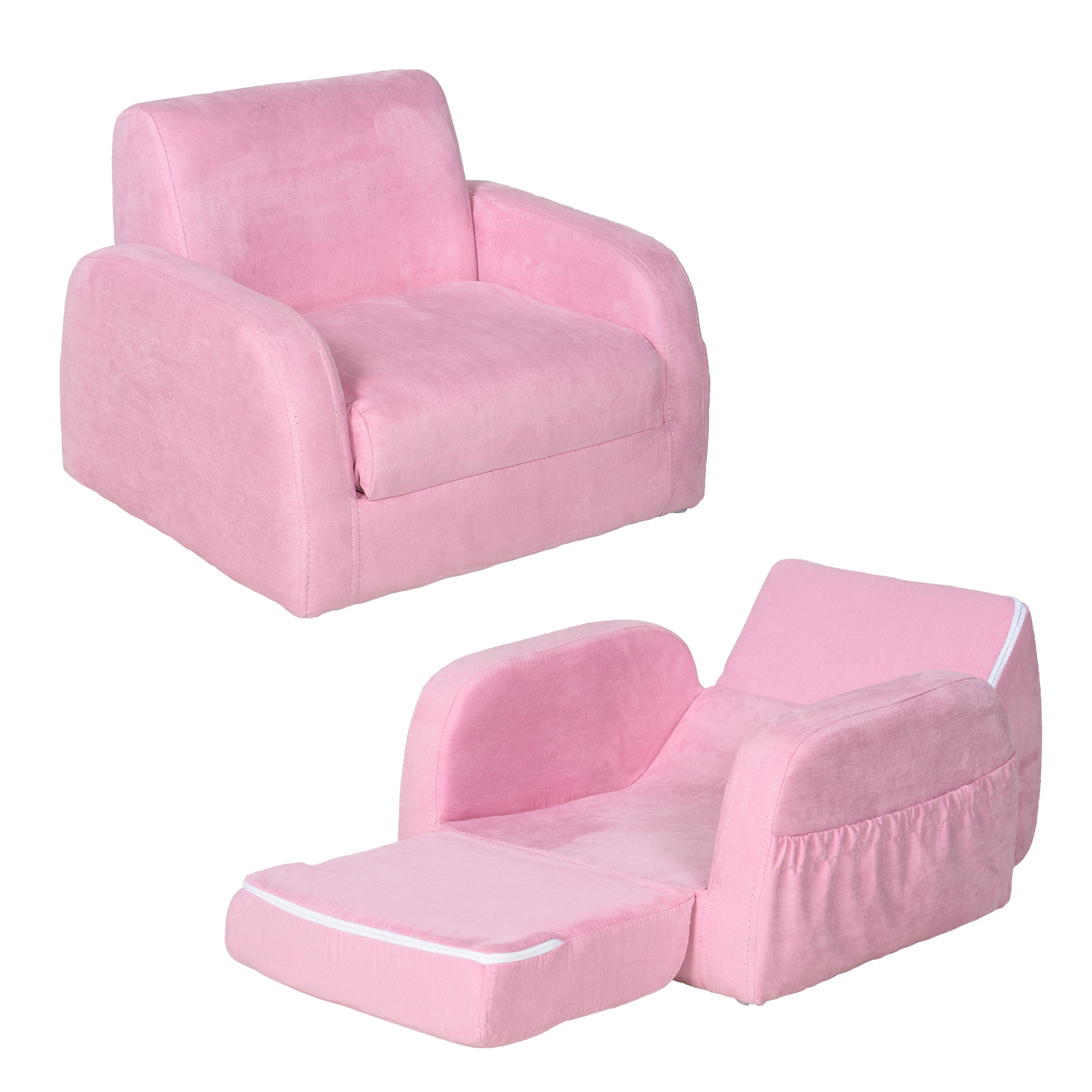 2-in-1 Kids Armchair, Toddler Sofa Bed, with Wood Frame, for Bedroom, Playroom - Pink