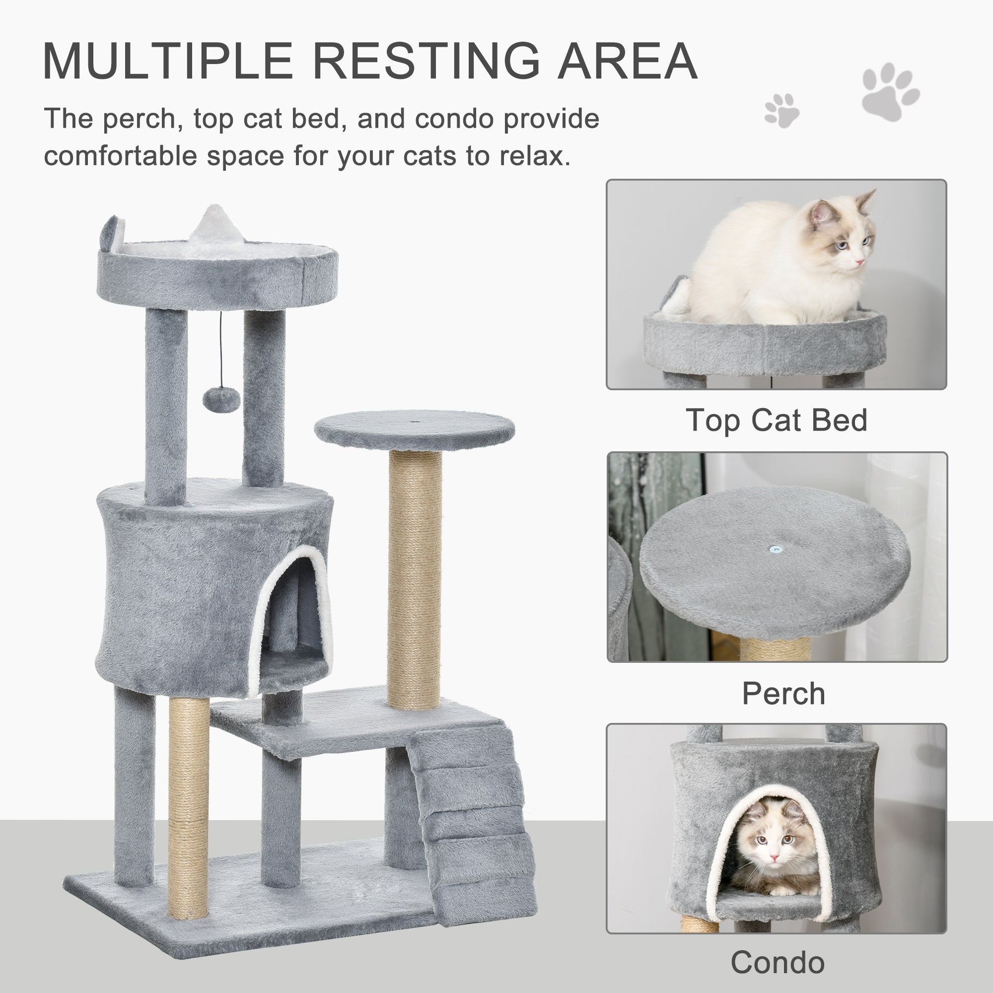 100 cm Cat Tree, Cat Condo Tree Tower for Indoor Cats, Cat Activity Centre with Scratching Posts, Plush Perch, Ladder, Hanging Ball - Light Grey