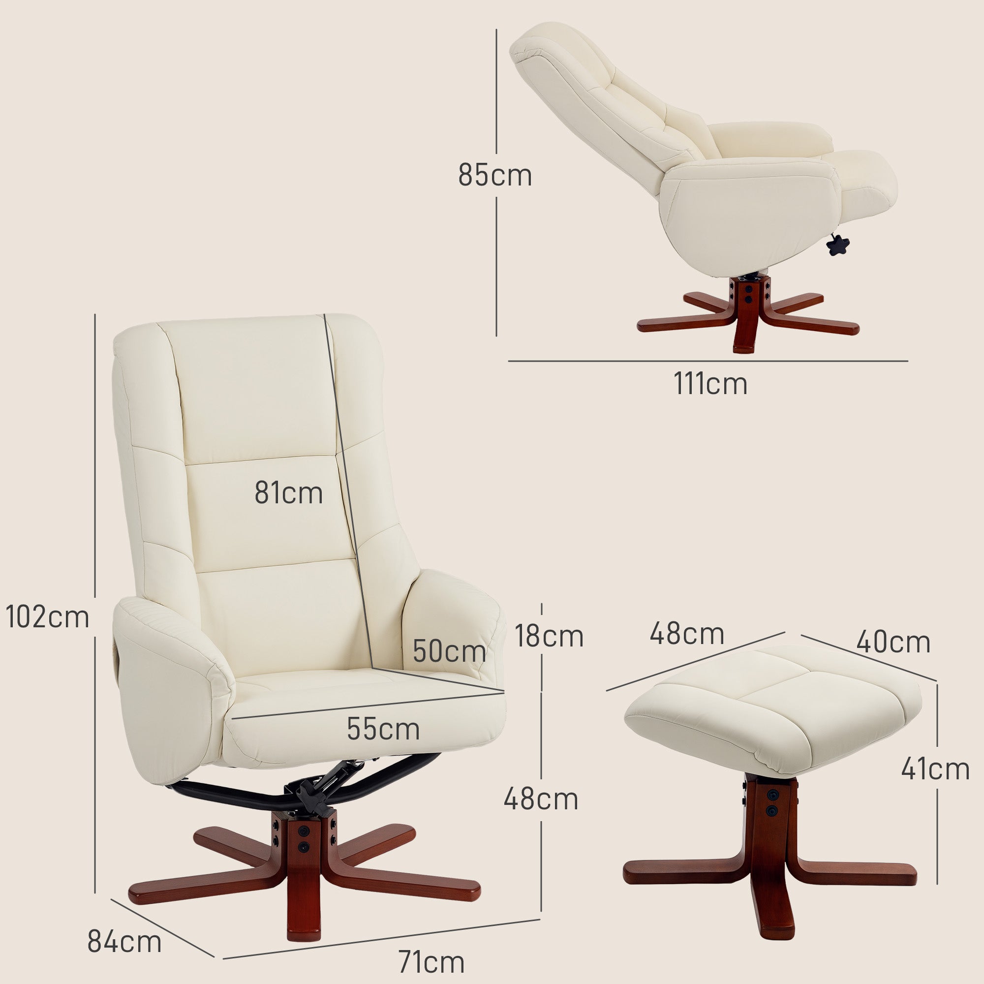 Fynco - Rocking Recliner Chair with Footstool, PU Leather Recliner Armchair with Wood Base, Upholstered Reclining Chair for Living Room Bedroom, Cream