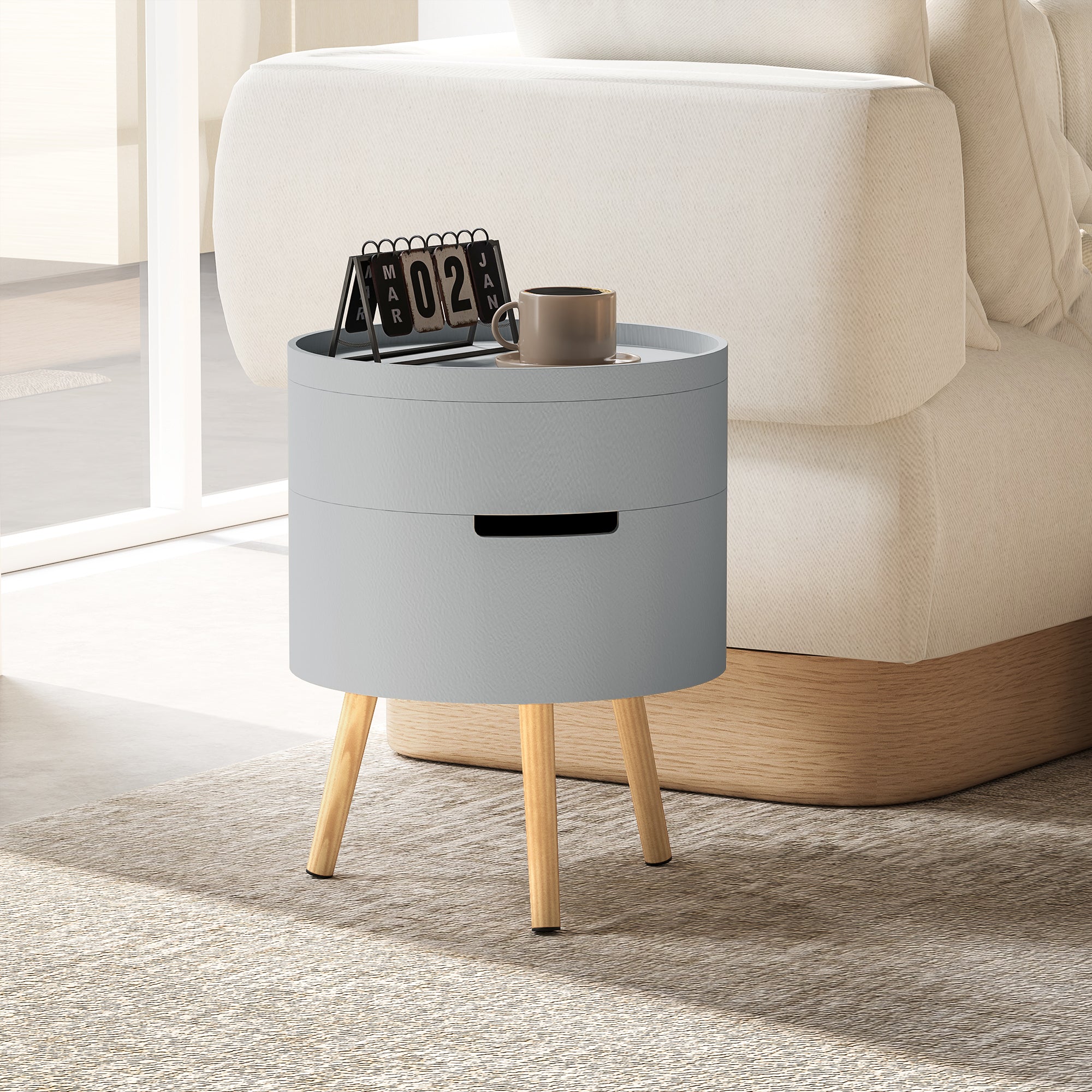 3-Tier Coffee Table, Round End Table with 2 Hidden Compartments and Detachable Tray, Side Table with Storage for Living Room, Grey