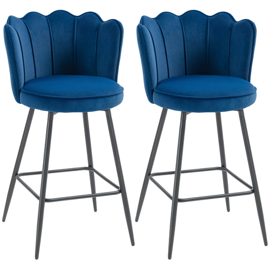 Fynco - Set of Two Velvet-Feel Lotus Bar Stools - Dark Blue
