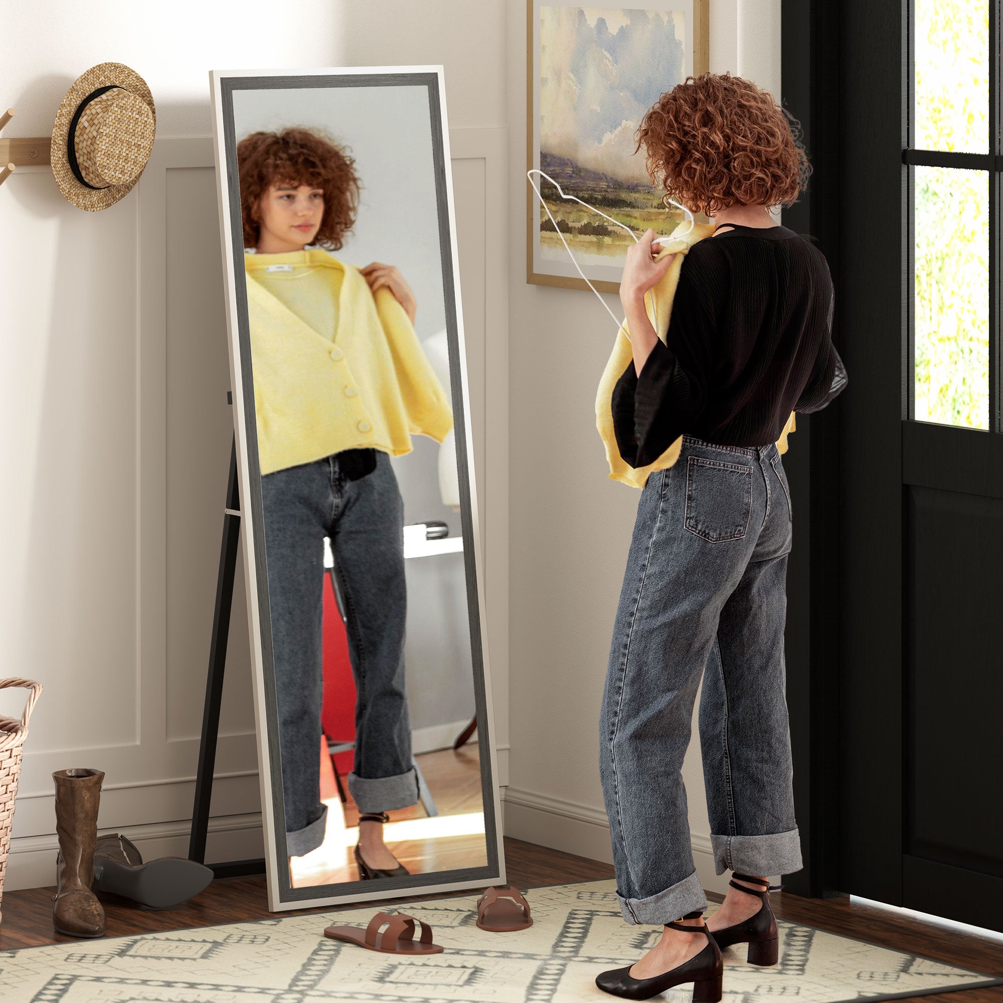 162.6 cm Two-Tone Full Length Mirror - White/Grey-Tone