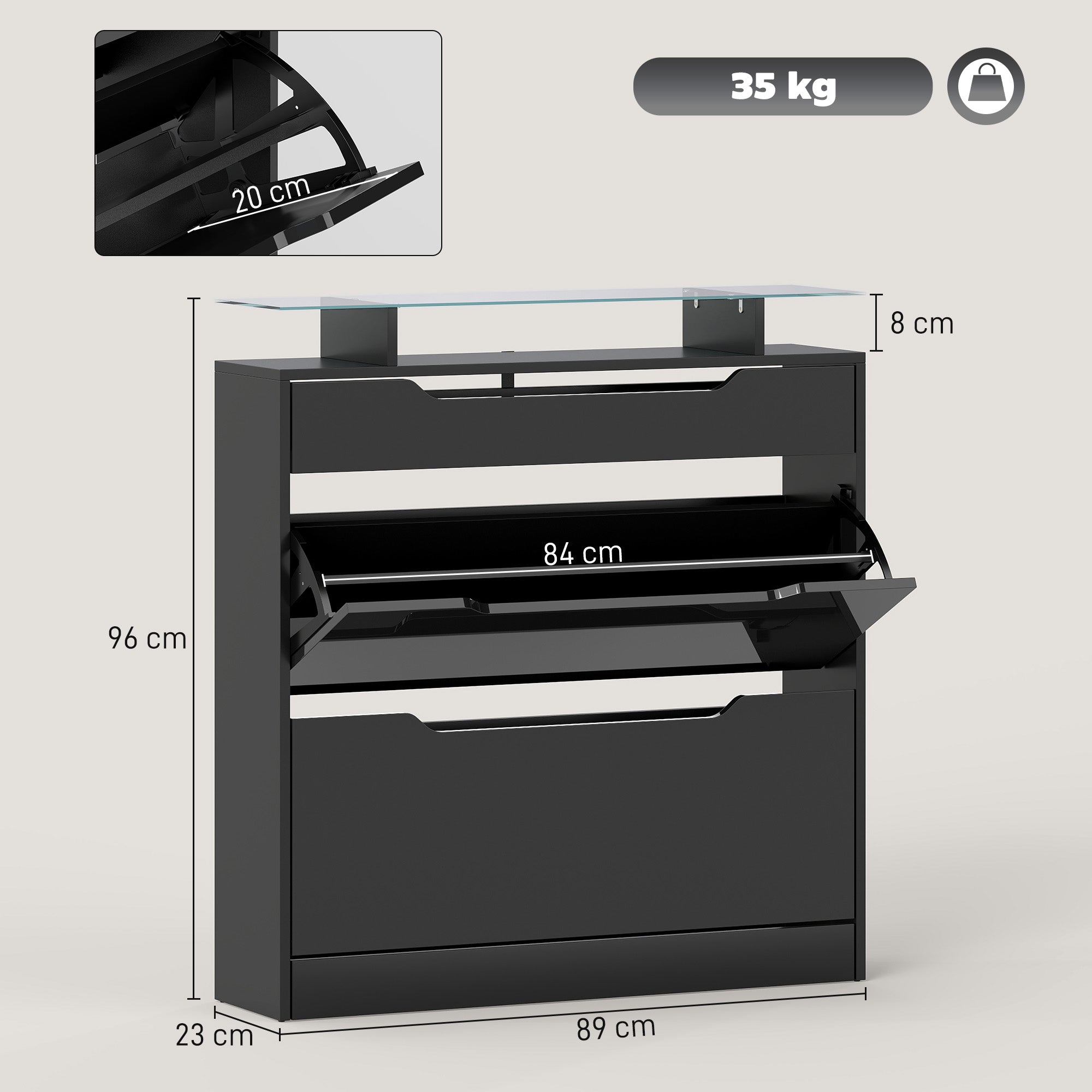 Fynco - Shoe Storage Cabinet with Slide Out Drawer, 2 Flip Doors, Tempered Glass Top - Black