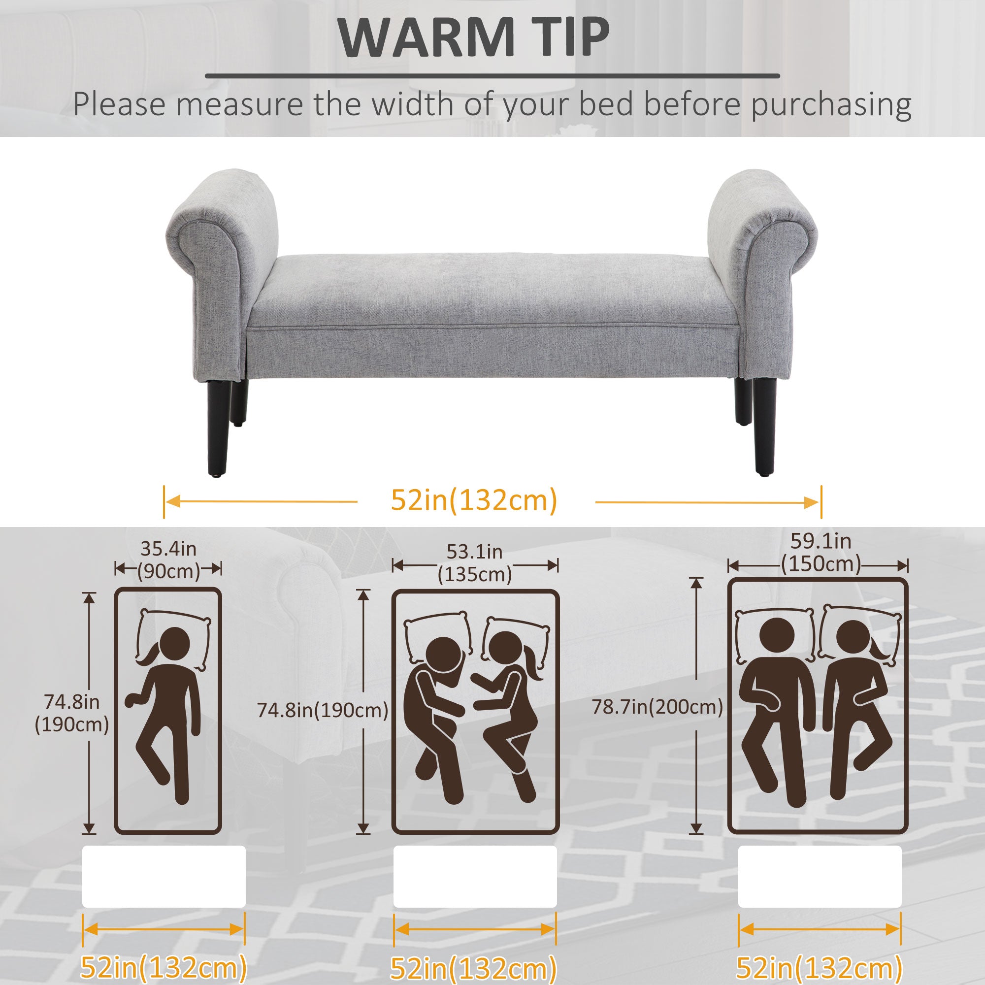 Bed End Bench, Window Seat, Linen Chaise Lounge Sofa with Arm and Wooden Legs for Bedroom, Living Room, Grey