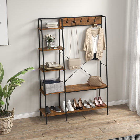 Clothes Rail, Metal Clothes Rack with Shoe Rack, 5 Tier Storage Shelves, 5 Side Hooks, Coat Stand for Bedroom, Living Room, Hallway, Rustic Brown and Black