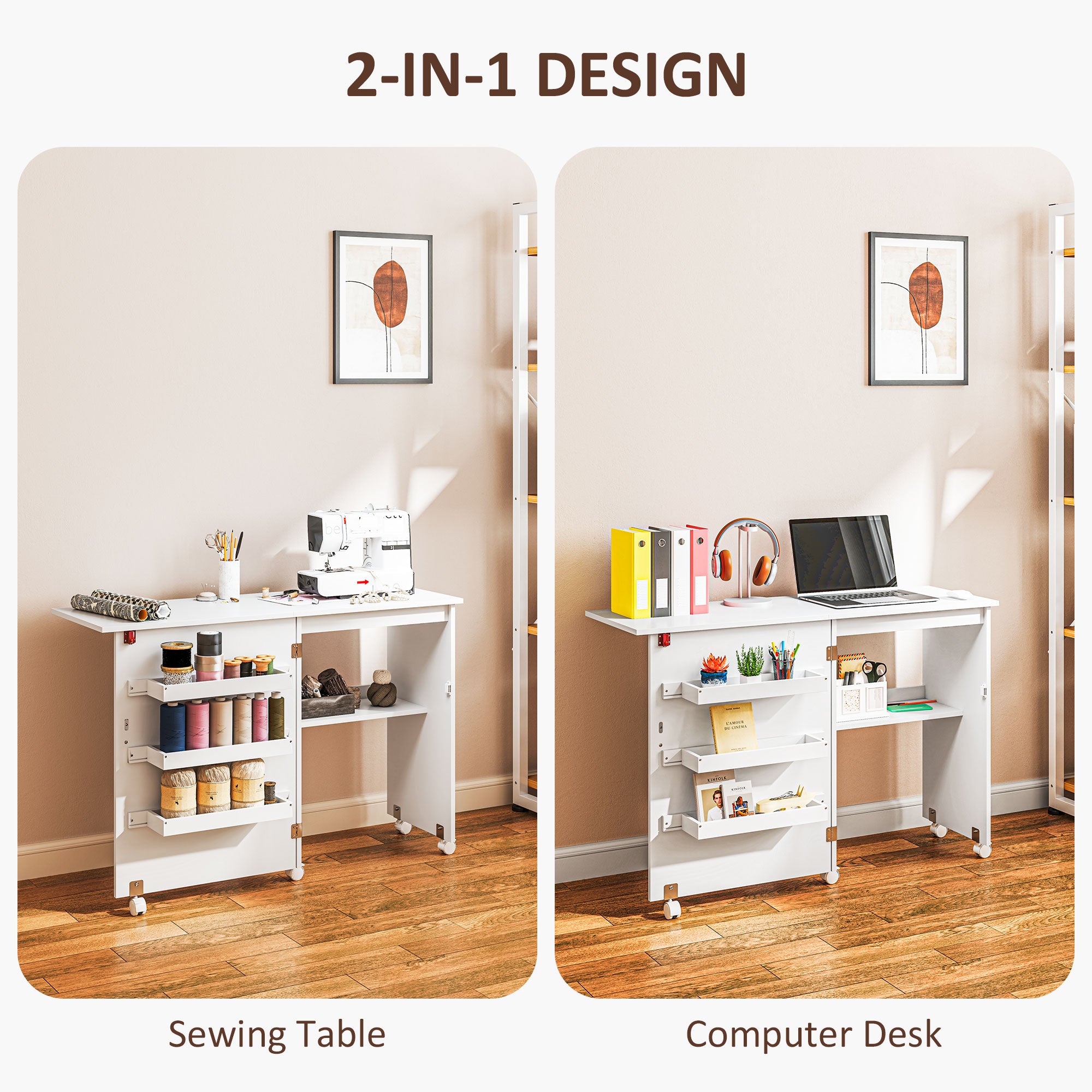 Fynco - Folding Sewing Table, Drop Leaf Craft Table with Storage Bins, Open Shelf and Wheels, Rolling Sewing Machine Cabinet Computer Desk for Small Space, White
