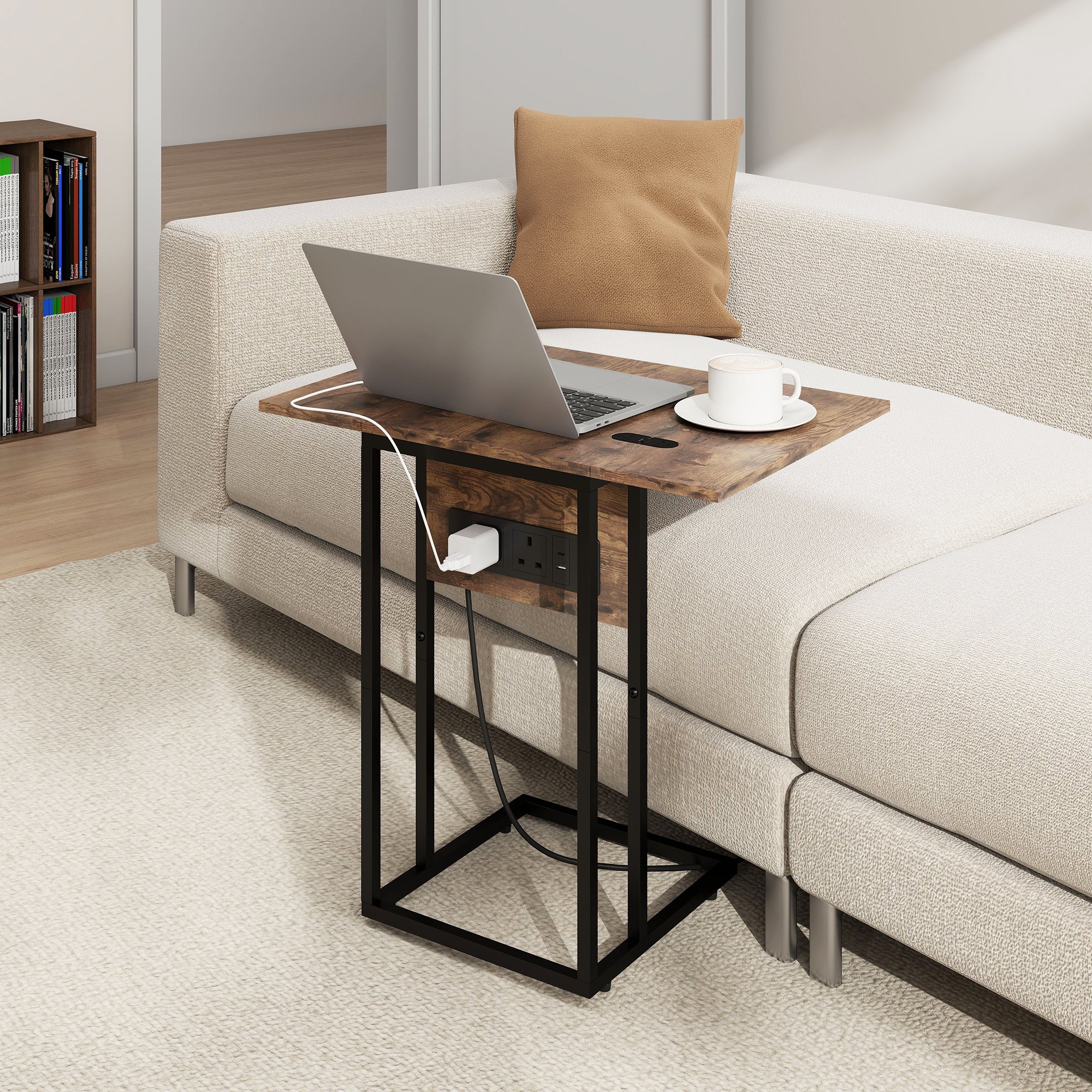Fynco - C Shaped Side Table with Charging Station and Foldable Top - Rustic Brown