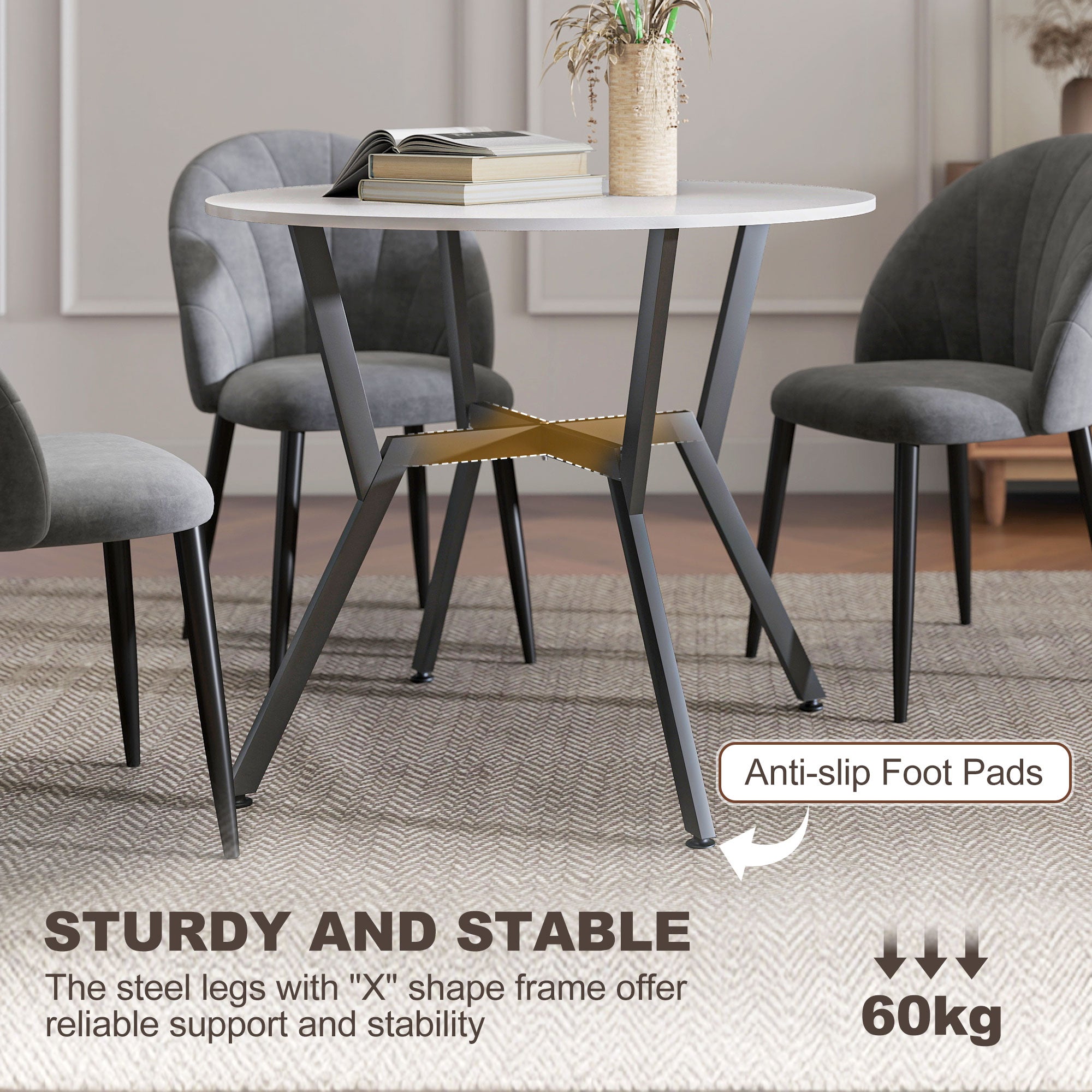 Fynco - Dining Table, Round Kitchen Table with Black Legs for Living Room, Dining Room 90 x 76 cm, High Gloss White