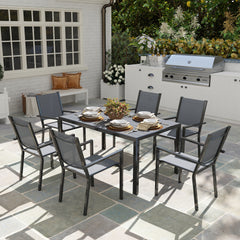 7 Piece Garden Dining Set, Outdoor Furniture Set with 6 Stackable Chairs and 150 cm Rectangle Table, WPC Slatted Top, Rust-Resistant Steel Frame, for Garden, Porch, Terrace