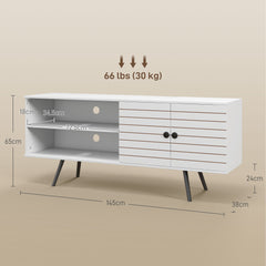 TV Stand with Cupboard, Open Shelves, Striped Doors, Wooden legs, White