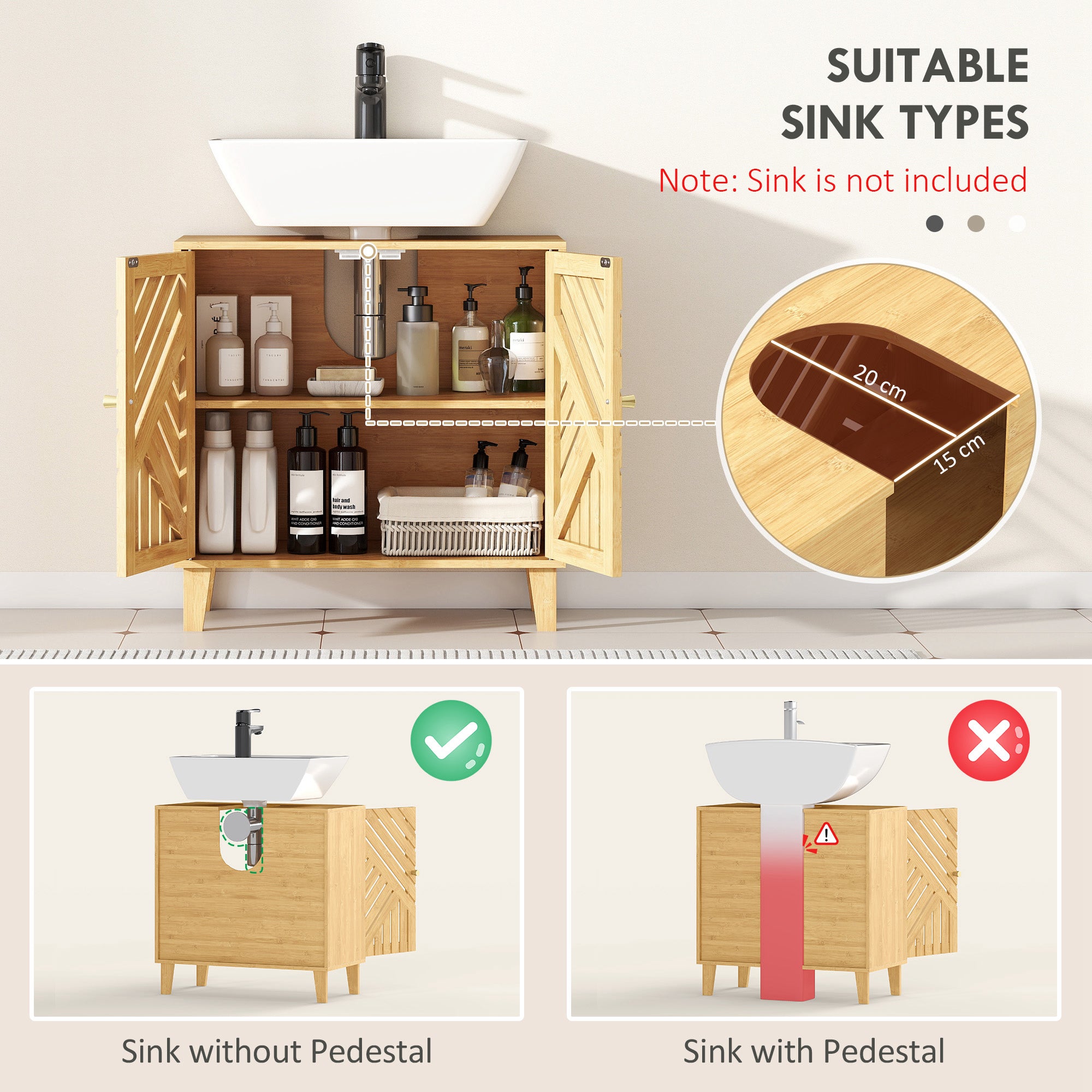 Fynco - Bamboo Bathroom Under Sink Cabinet with Adjustable Shelf for Basin without Pedestal - Natural