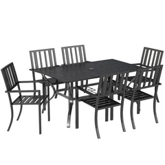 7 Pieces Garden Table and Chairs 6 Seater Outdoor Table and Chairs with Umbrella Hole, for Poolside, Garden, Black