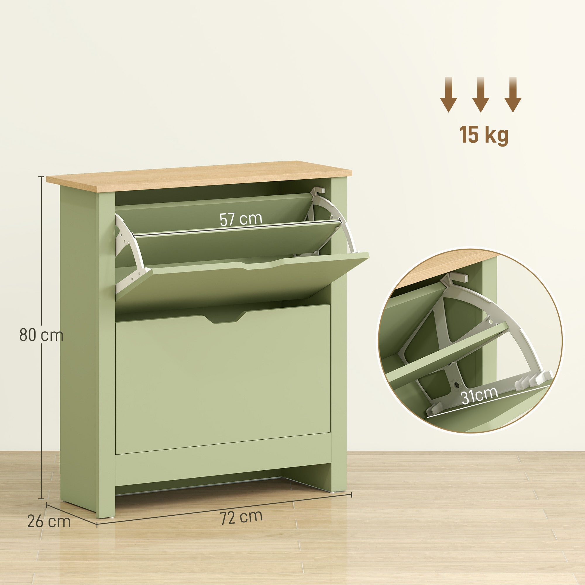 Fynco - Slim Shoe Cabinet, Narrow Shoe Cupboard with 2 Flip Drawers, Adjustable Shelves for 12 Pairs of Shoes, Green