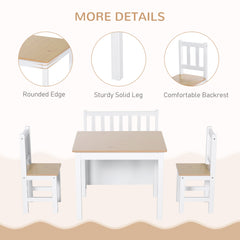 4-Piece Kids Table and Chair Set with 2 Wooden Chairs, 1 Storage Bench, and Interesting Modern Design, Beige/White