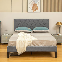 Double Bed Frame with 5-Level Adjustable Linen Upholstered Headboard, Wooden Slats Mattress Foundation, No Box Spring Needed, Grey