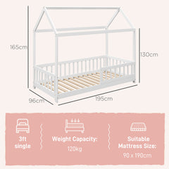 House-Shaped Kids Bed Frame with Safety Fence, Solid Pine Wood Single Bed Frame for Kids Boys and Girls