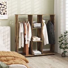 Open Wardrobe Double Mobile Storage Shelves Organizer W/6 Wheels-Rustic Brown