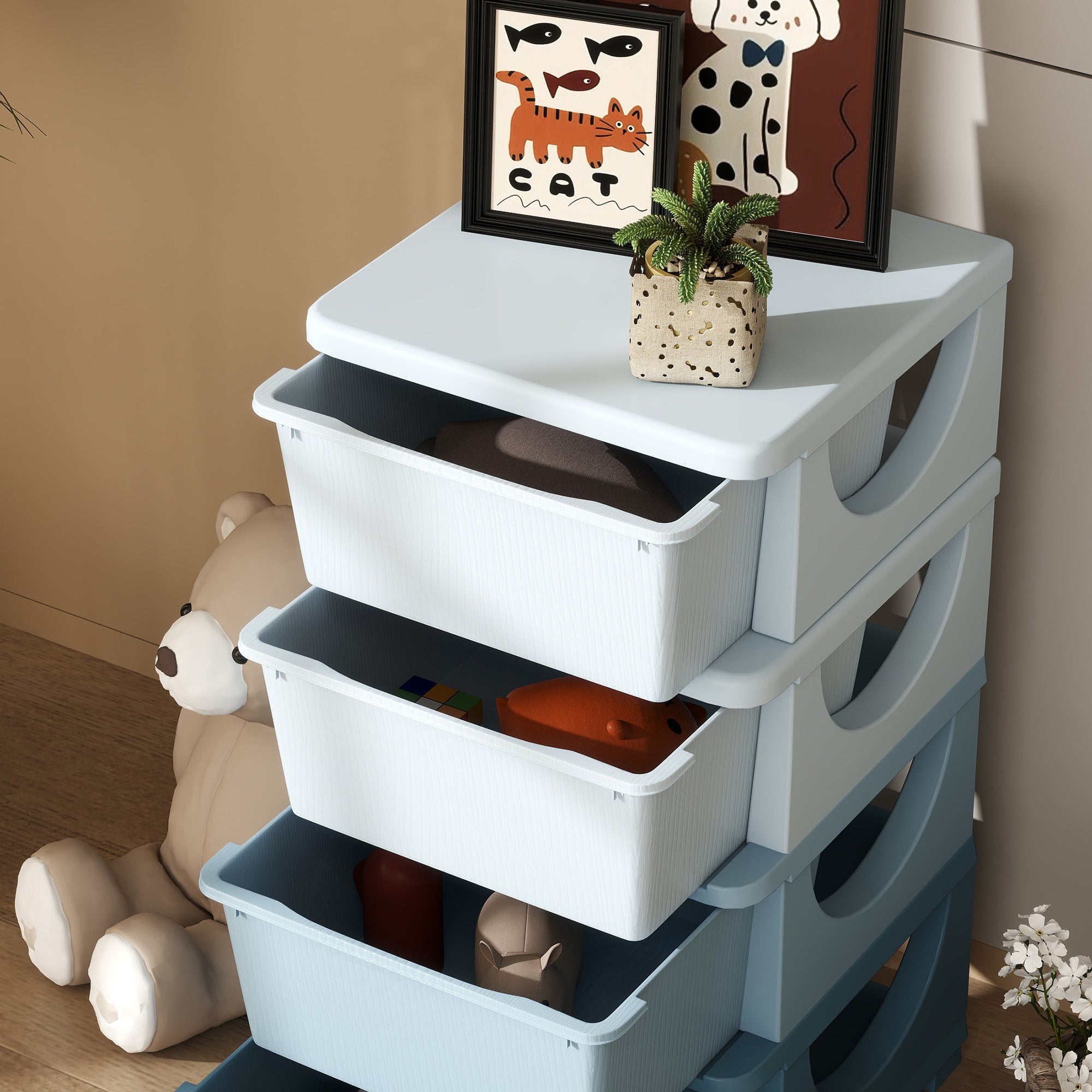 Four-Tier Kids Storage Boxes, with Four Drawers - Blue