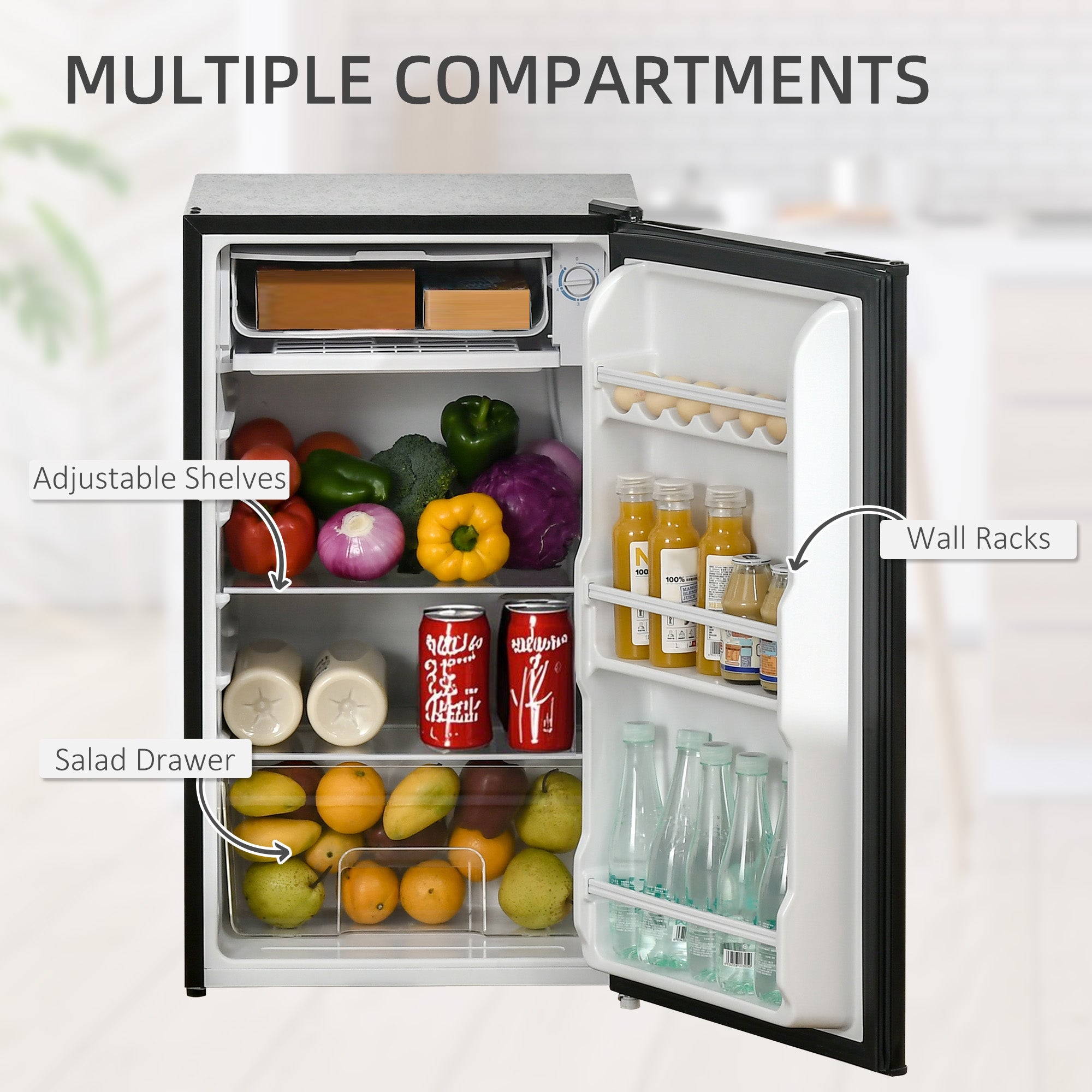 91 Litre Freestanding Under Counter Fridge Freezer, Small Fridge with Chiller Box, Adjustable Thermostat, 47.5cm Wide, Black