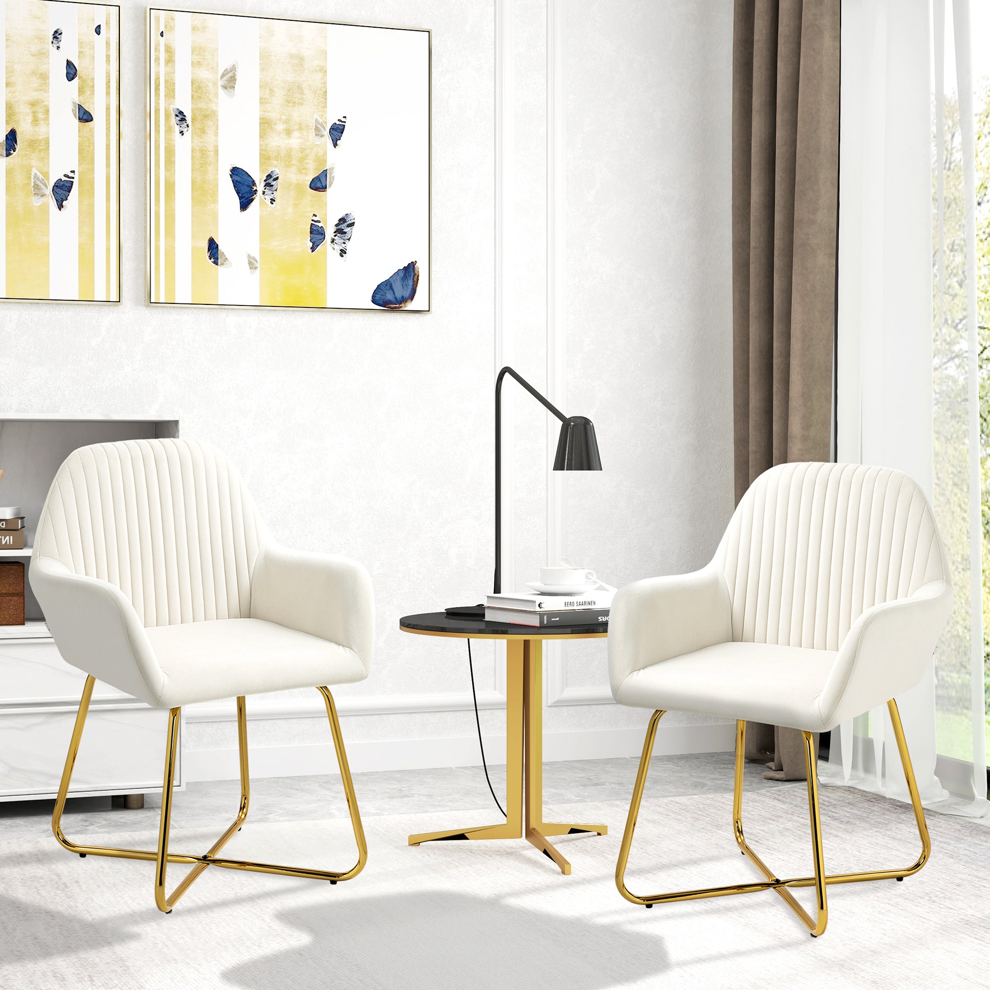 Modern Arm Chair Set of 2 Upholstered Accent Chair with Metal Base for Living Room Cream White