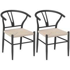 Set of Two Weave Dining Chairs with Y-Shaped Backrest Hemp Seat - Black/Beige