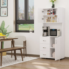 Free standing Kitchen Cupboard, Storage Cabinet with Doors and Sheleves, 3 drawers and Open Space, Adjustable Height Storage Unit, White