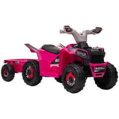 6V Quad Bike with Back Trailer, Wear-Resistant Wheels, for Ages 18-36 Months, Pink