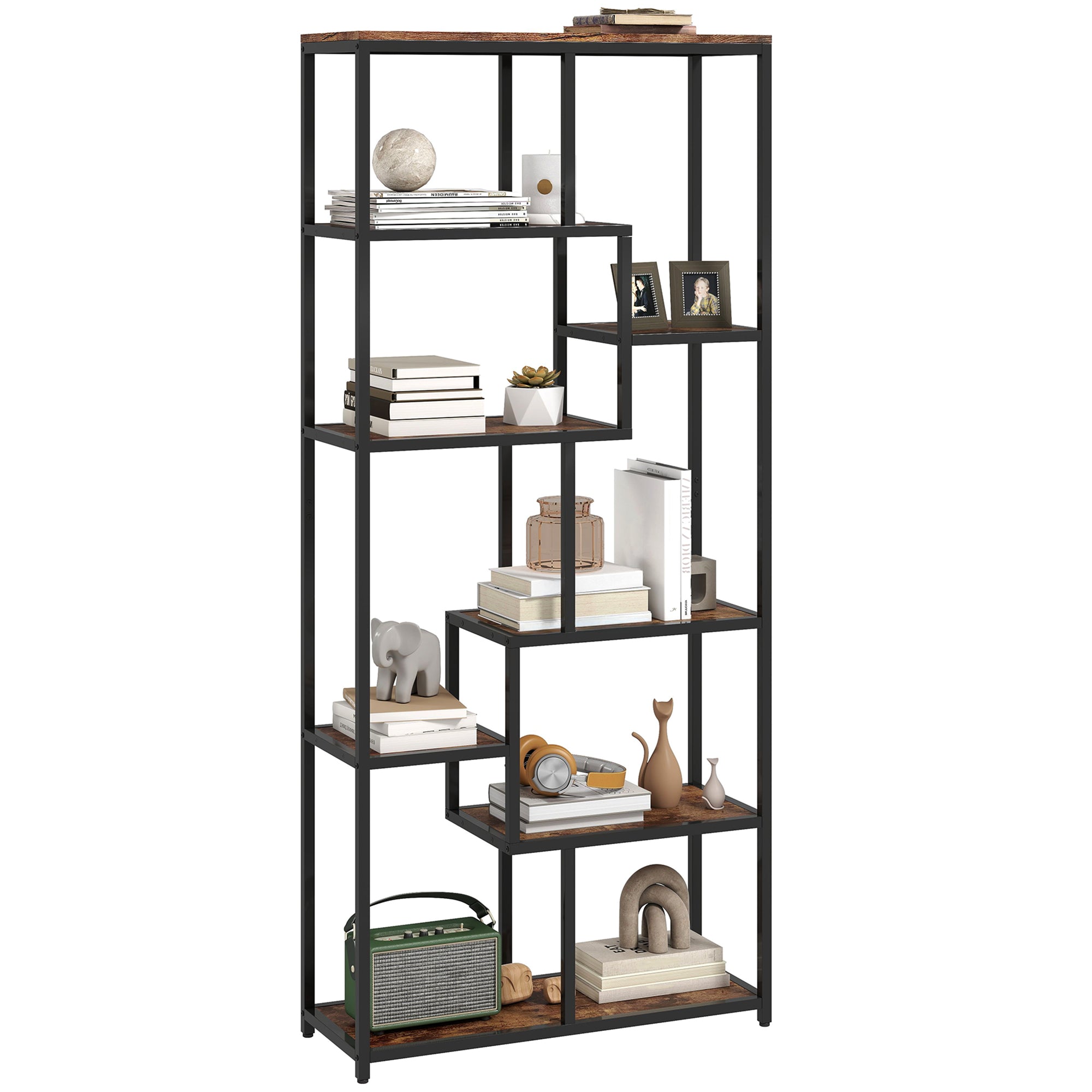 Fynco - Seven-Tier Geometric Bookcase - Brown/Black