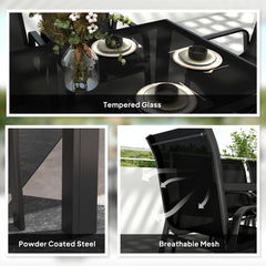 8 Seater Garden Dining Set with Stacking Chairs, Rectangular Tempered Glass Top, Garden Furniture Set, Outdoor Dining Table and Chairs for Patio, Balcony, Poolside, Black