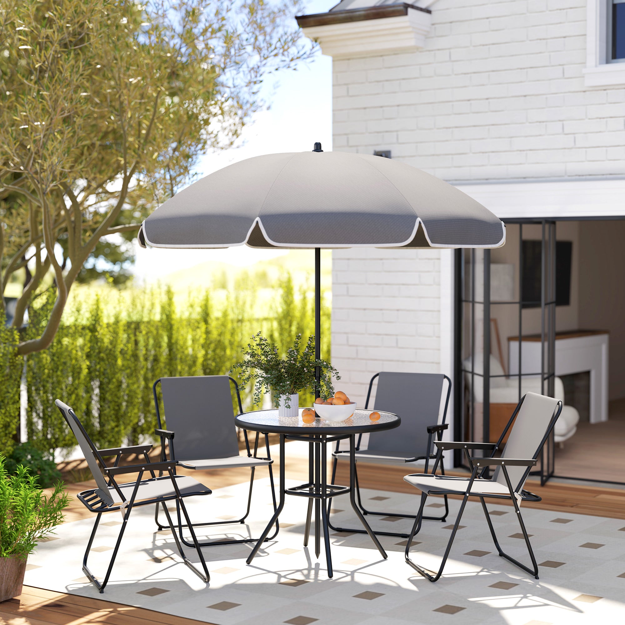 4 Seater Garden Furniture Set, 6 Pieces Garden Table and Chairs with Parasol, Outdoor Garden Dining Set with Folding Chairs and Round Glass Top Table for Patio, Grey