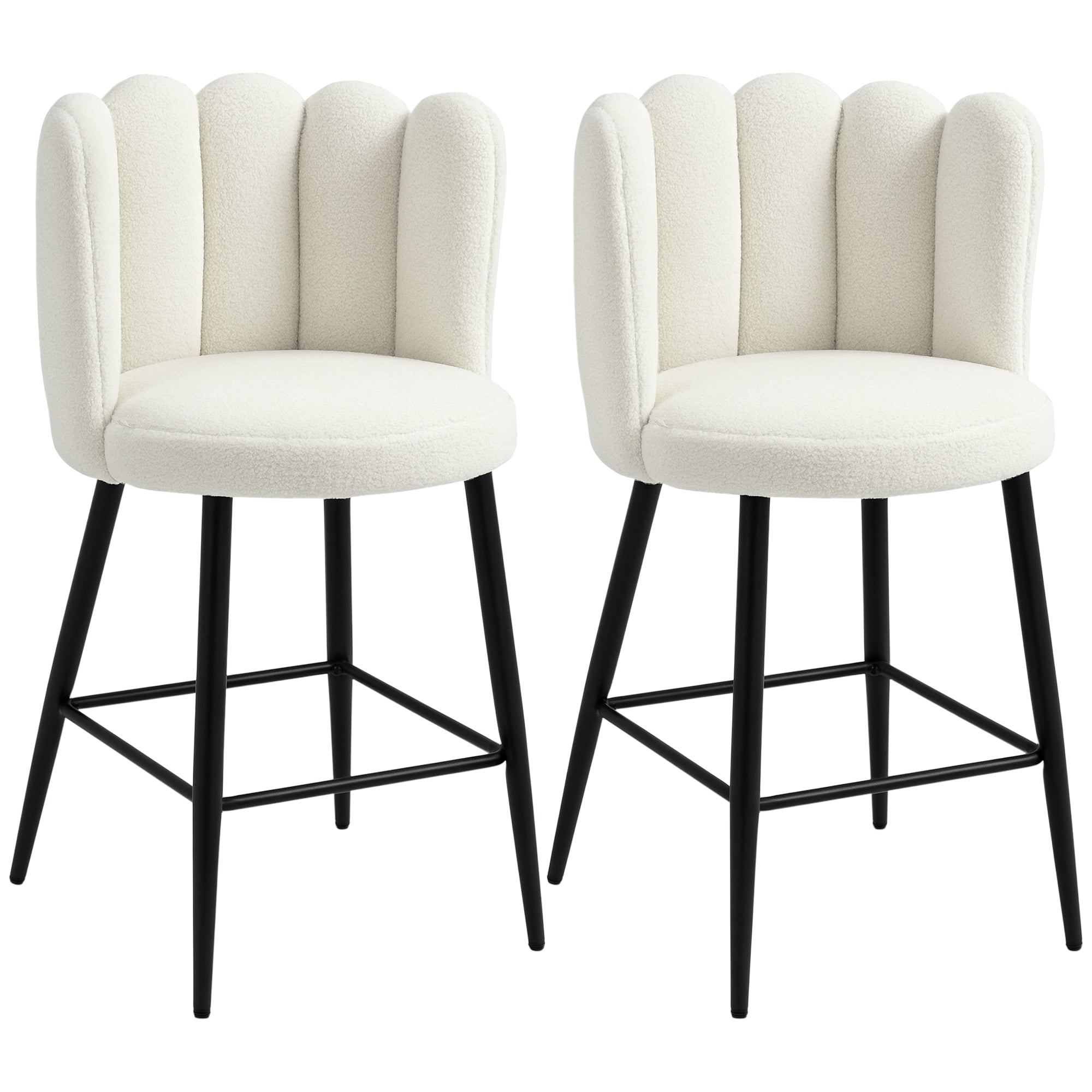 Bar Stools Set of 2, Faux Cashmere Upholstered Breakfast Bar Chairs, Modern Kitchen Stools with Backs, Footrest and Steel Base, Cream