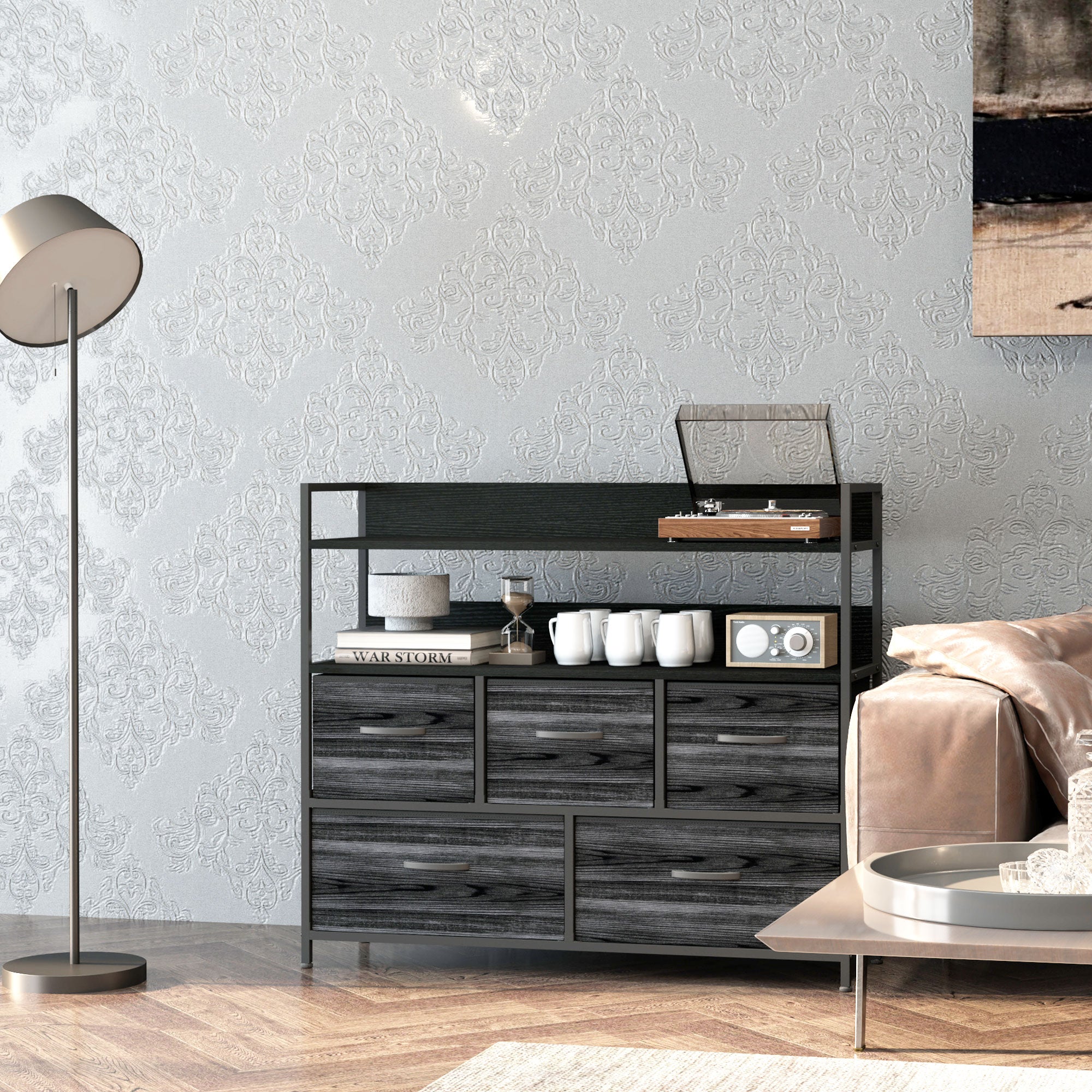 Rustic Chest of Five Fabric Drawers - Black